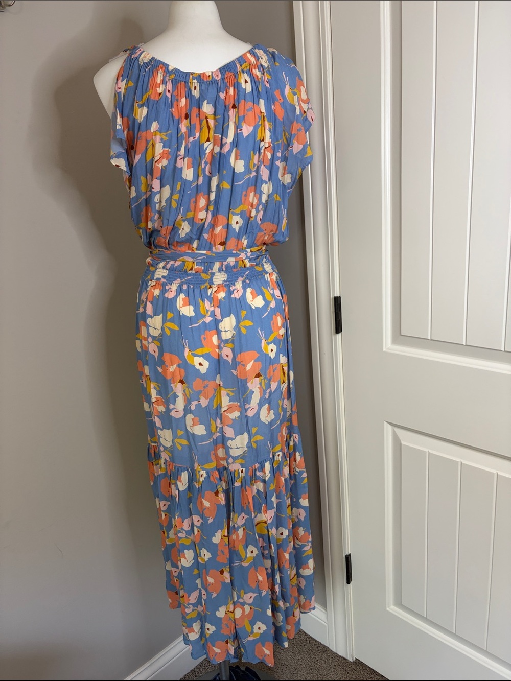 Shoshanna Peony Dress Slate Blue Multi Maxi Floral side shoulder tie belt Sz 10 - Picture 8 of 15